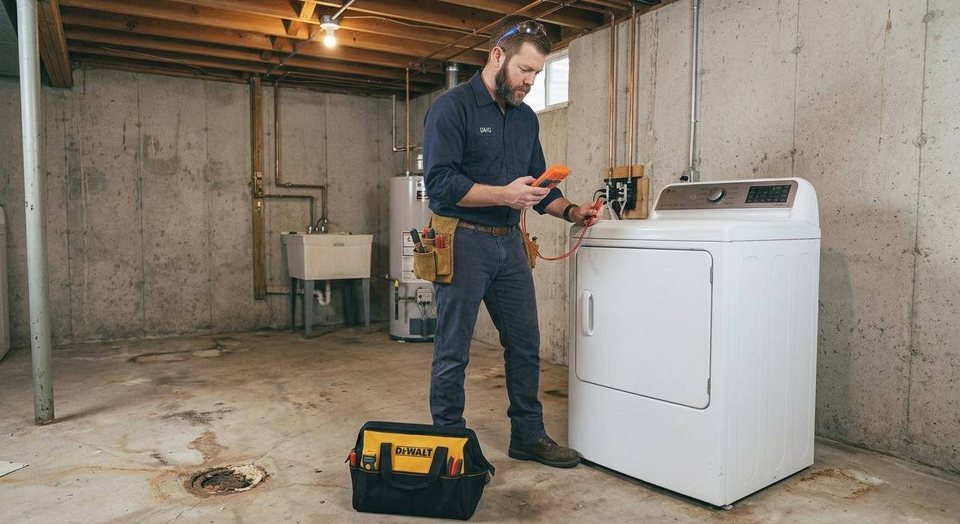 Dave metering a dryer circuit at the bottom of a basement stair